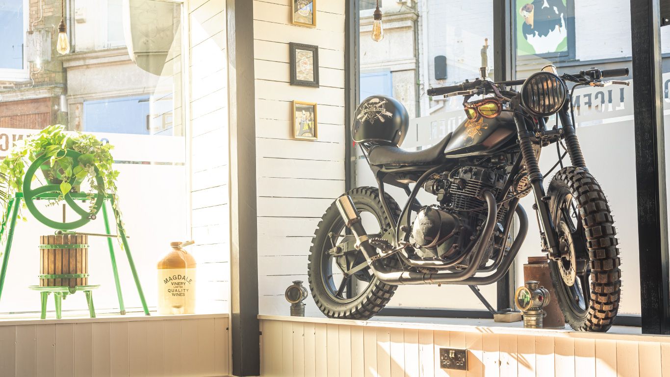 The Bearded Brewery - Newquay, motorcycle and plant decoration